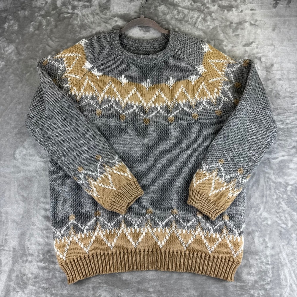 Mohair Sweater Womens XXXL Gray Tan Fair Isle Chunky Knit Soft Neutral (1540)